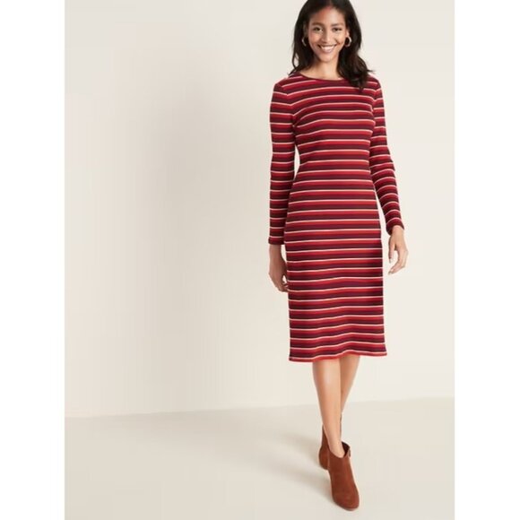 Old Navy Rib-Knit Midi Shift Dress Long Sleeve Red Stripe Large - Picture 1 of 8